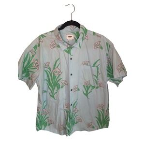 Obey Mens Floral Button Down Shirt Light Blue Pink Green Lily Short Sleeve Large
